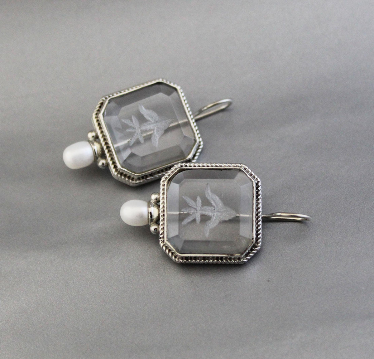 Intaglio Crystal Earrings, Victorian Bridal Pearls, 925 Silver, photo 2