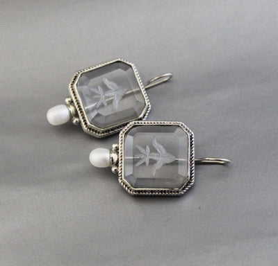 Intaglio Crystal Earrings, Victorian Bridal Pearls, 925 Silver, photo 2