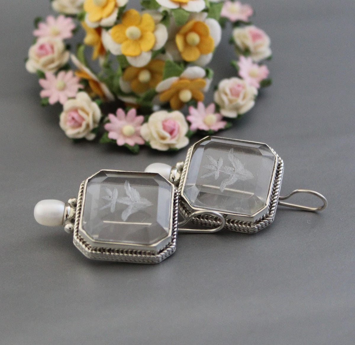 Intaglio Crystal Earrings, Victorian Bridal Pearls, 925 Silver