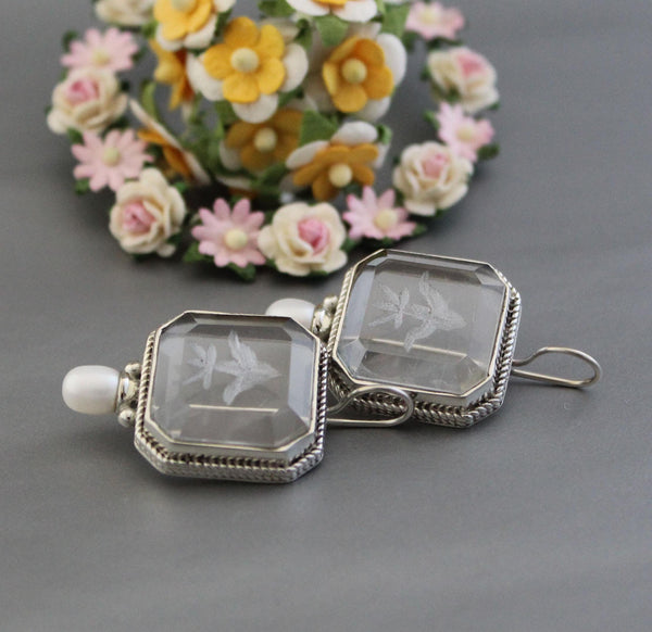 Intaglio Crystal Earrings, Victorian Bridal Pearls, 925 Silver
