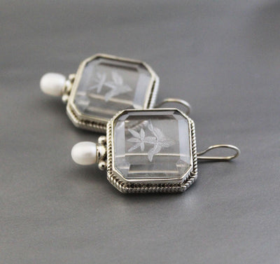 Intaglio Crystal Earrings, Victorian Bridal Pearls, 925 Silver, photo 10