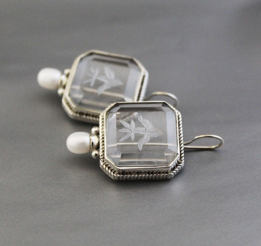 Intaglio Crystal Earrings, Victorian Bridal Pearls, 925 Silver, photo 10
