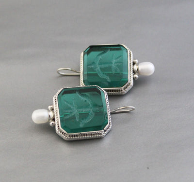 Green Glass Intaglio Earrings, Ancient Roman Style, 925 Sterling Silver, photo 2