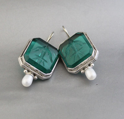 Green Glass Intaglio Earrings, Ancient Roman Style, 925 Sterling Silver, photo 6