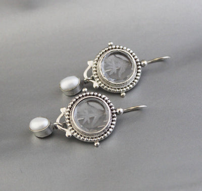 Clear Crystal Intaglio Earrings, 925 Sterling Silver with Pearl, photo 6