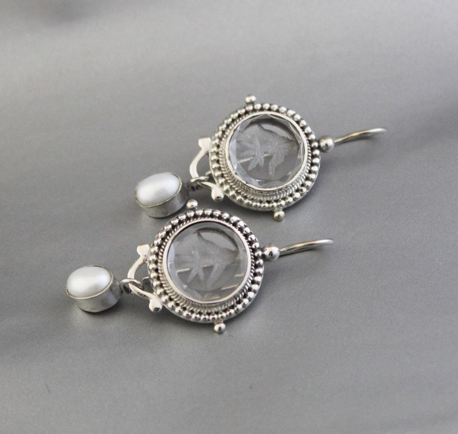 Clear Crystal Intaglio Earrings, 925 Sterling Silver with Pearl, photo 6