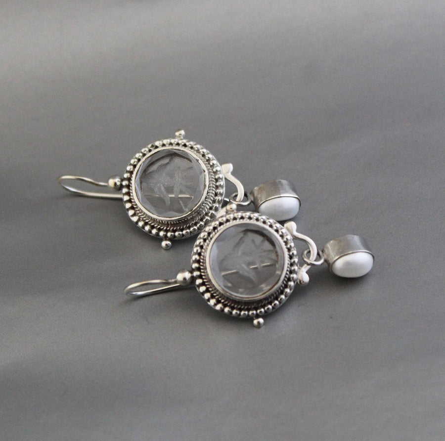 Clear Crystal Intaglio Earrings, 925 Sterling Silver with Pearl, photo 7