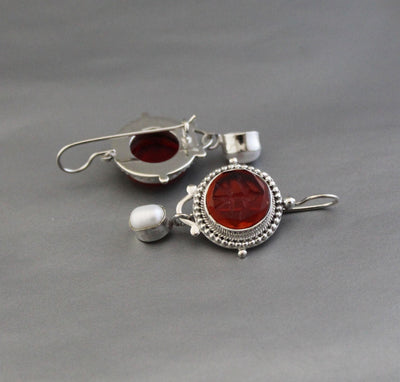 Red Glass Intaglio Earrings, Victorian Statement, 925 Sterling Silver, photo 6