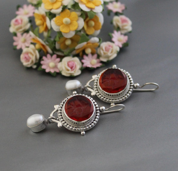 Red Glass Intaglio Earrings, Victorian Statement, 925 Sterling Silver