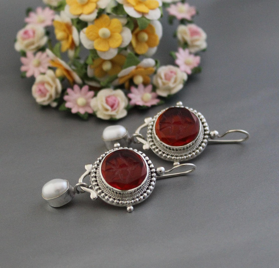 Red Glass Intaglio Earrings, Victorian Statement, 925 Sterling Silver