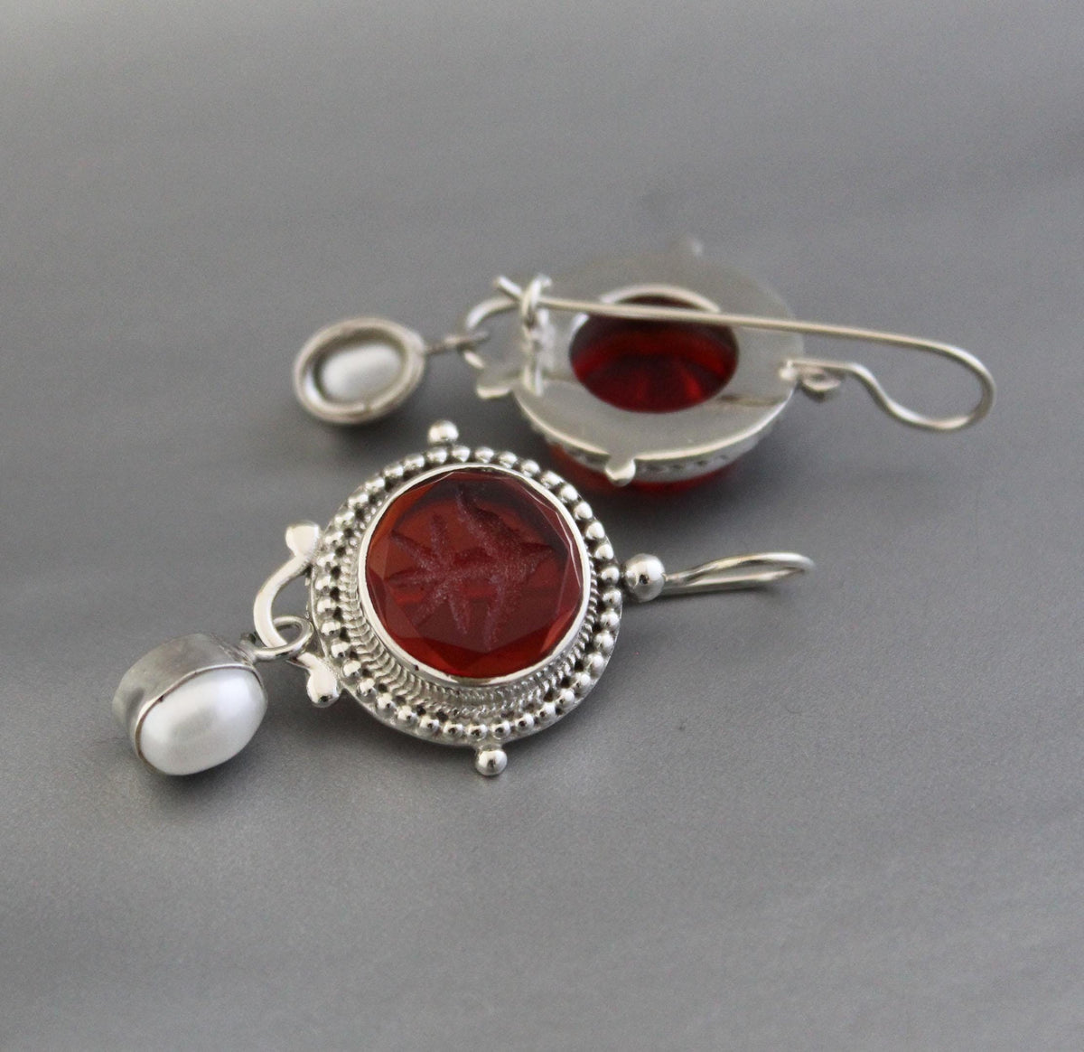 Red Glass Intaglio Earrings, Victorian Statement, 925 Sterling Silver, photo 10