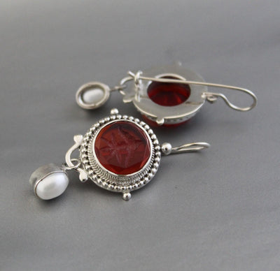 Red Glass Intaglio Earrings, Victorian Statement, 925 Sterling Silver, photo 10
