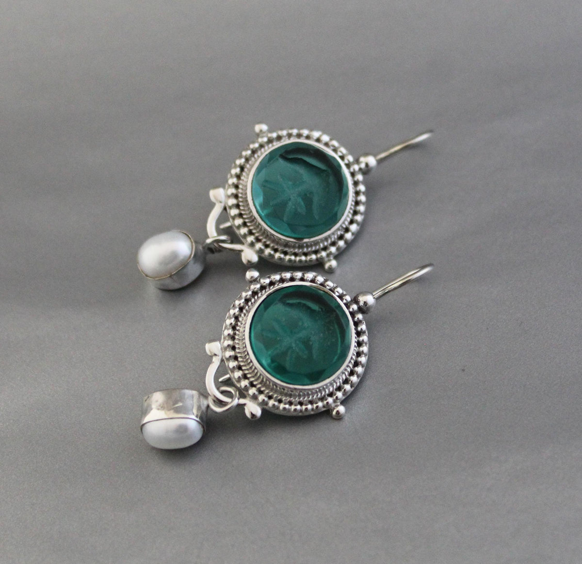 Green Intaglio Glass Earrings, Vintage Style, 925 Sterling Silver, photo 6