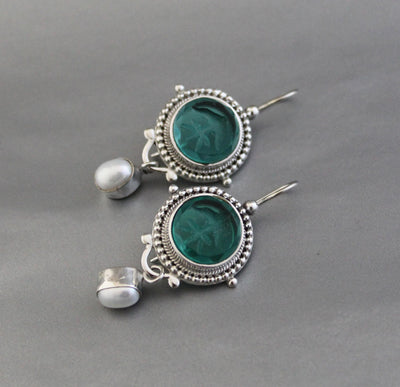 Green Intaglio Glass Earrings, Vintage Style, 925 Sterling Silver, photo 6