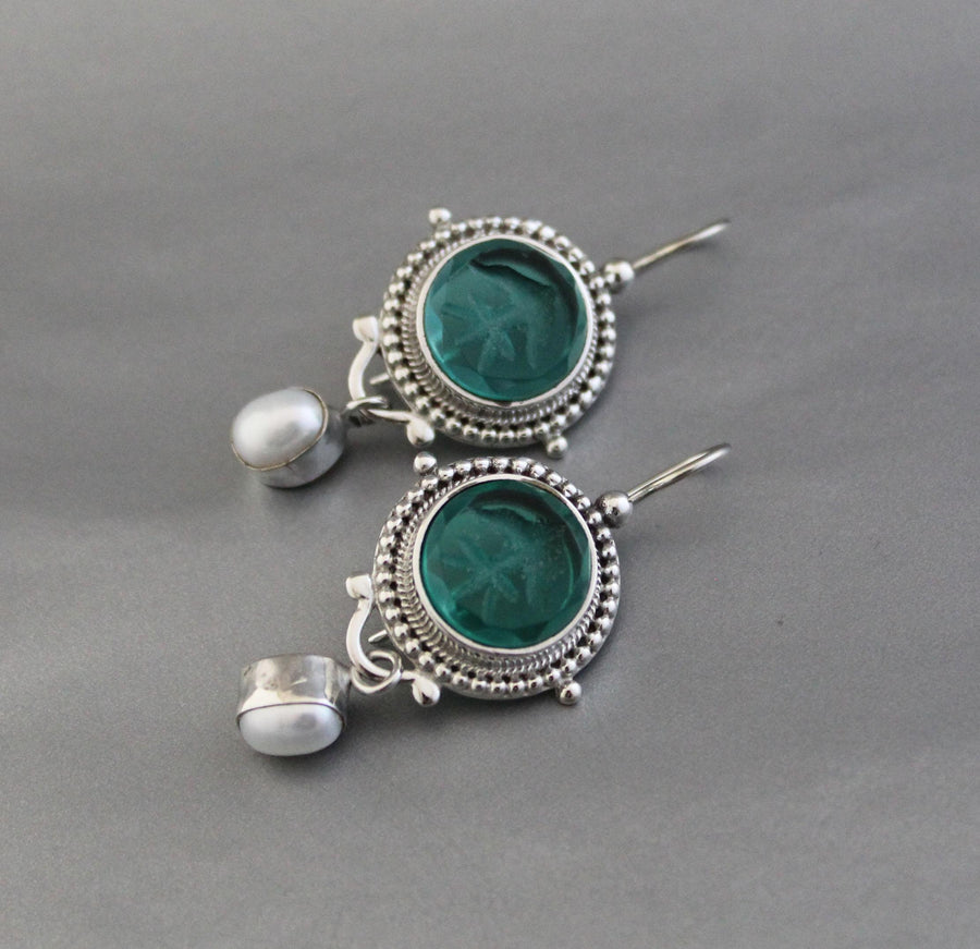 Green Intaglio Glass Earrings, Vintage Style, 925 Sterling Silver, photo 6