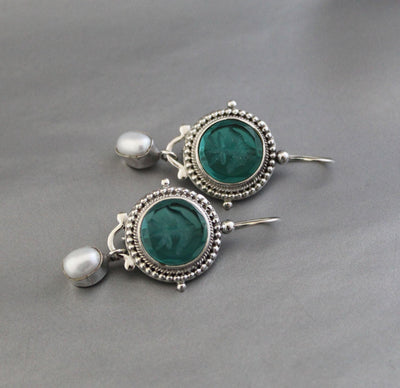 Green Intaglio Glass Earrings, Vintage Style, 925 Sterling Silver, photo 4