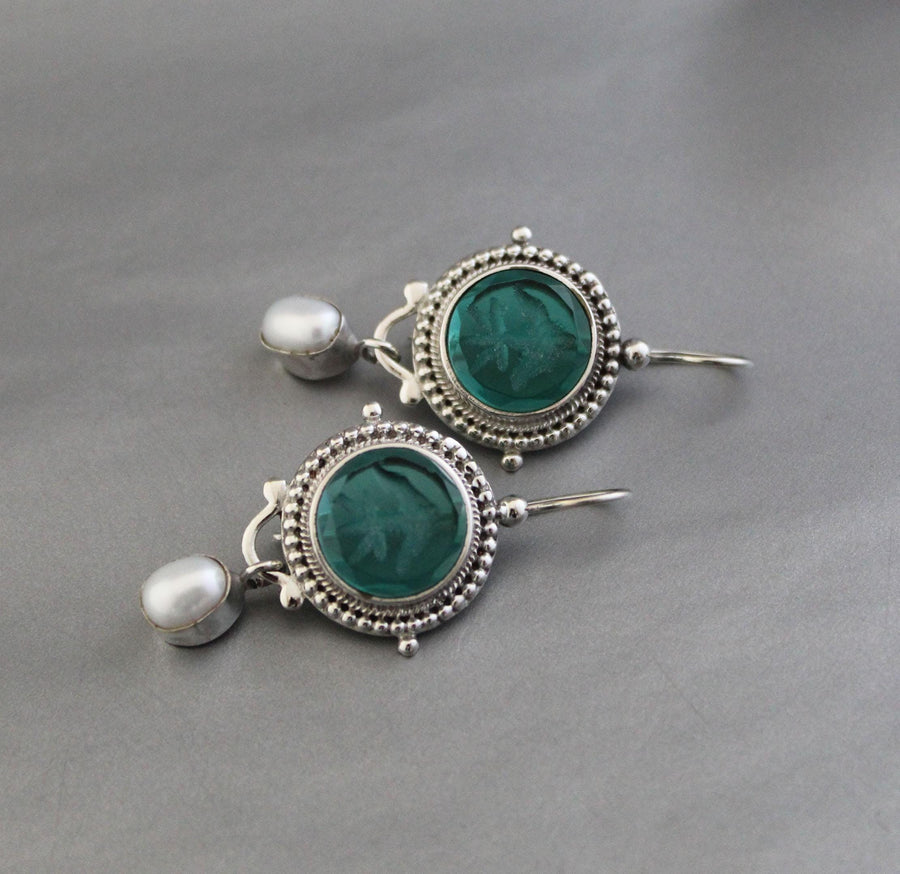 Green Intaglio Glass Earrings, Vintage Style, 925 Sterling Silver, photo 4