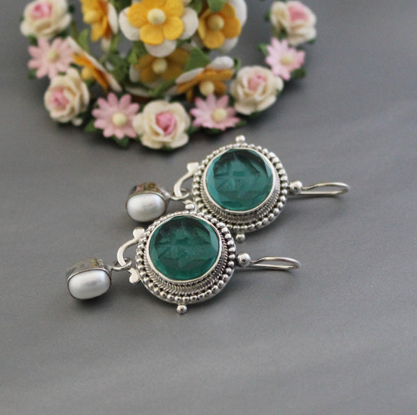 Green Intaglio Glass Earrings, Vintage Style, 925 Sterling Silver