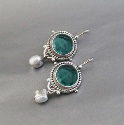 Green Intaglio Glass Earrings, Vintage Style, 925 Sterling Silver, photo 5