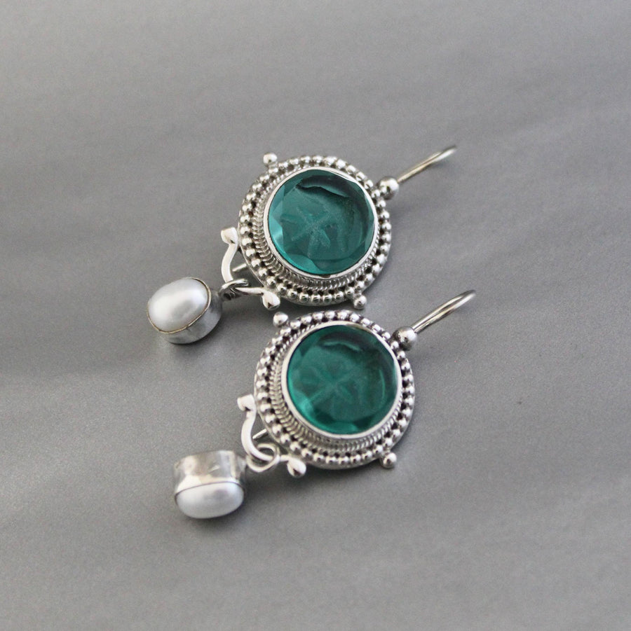 Green Intaglio Glass Earrings, Vintage Style, 925 Sterling Silver, photo 5