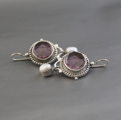 Purple Intaglio Earrings, Grand Tour Art Deco Style, 925 Sterling Silver, photo 6