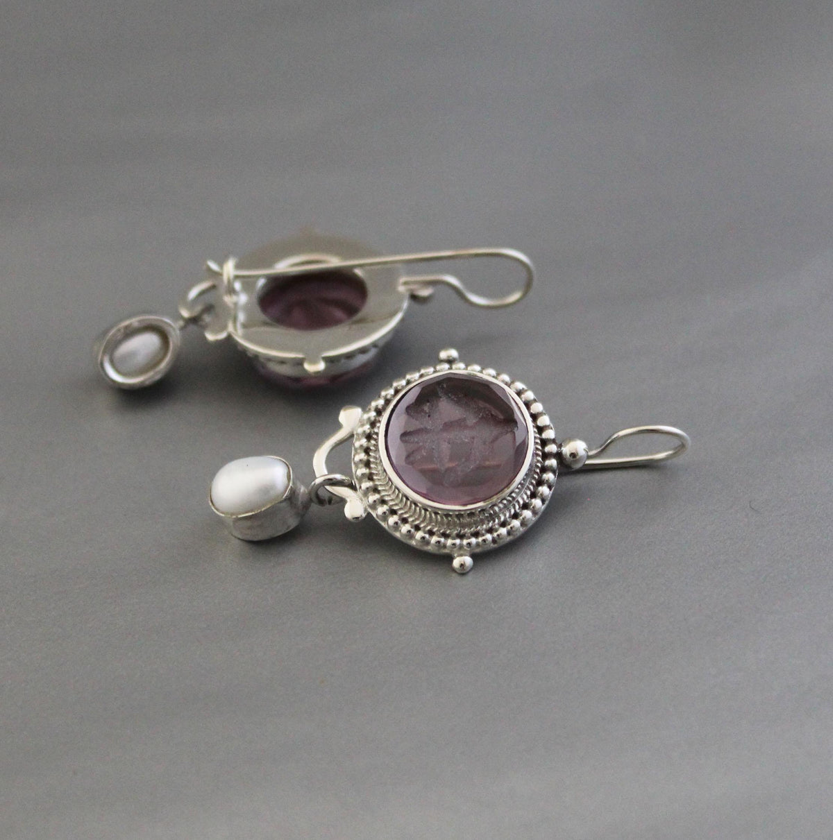 Purple Intaglio Earrings, Grand Tour Art Deco Style, 925 Sterling Silver, photo 4