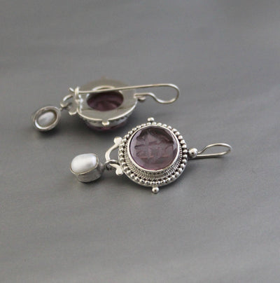 Purple Intaglio Earrings, Grand Tour Art Deco Style, 925 Sterling Silver, photo 4