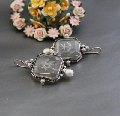 Clear Square Intaglio Earrings, Vintage Bridal Style, Gold Plated, photo 7