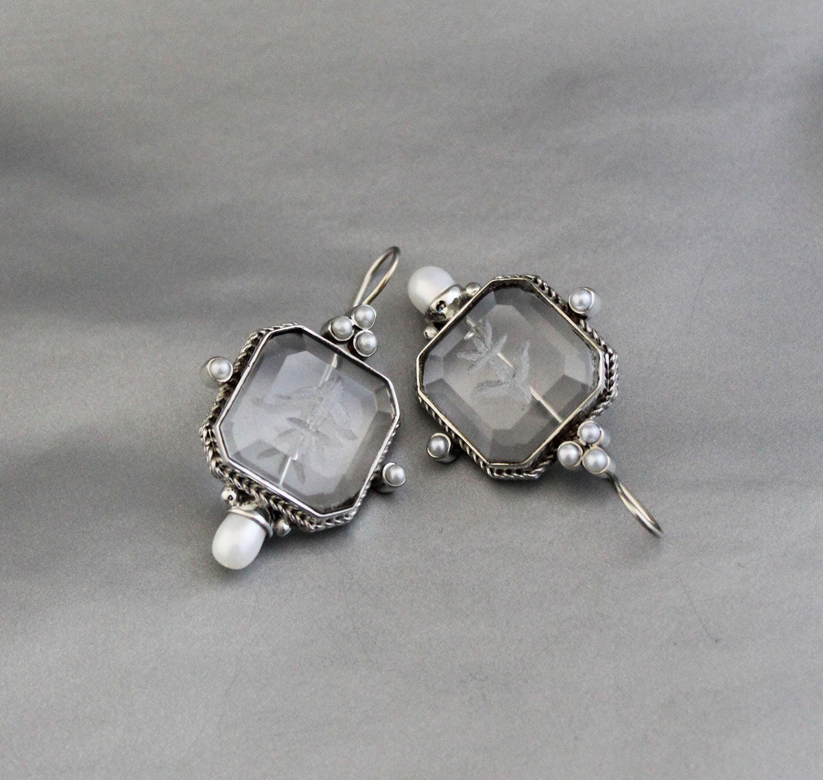 Clear Square Intaglio Earrings, Vintage Bridal Style, Gold Plated, photo 8