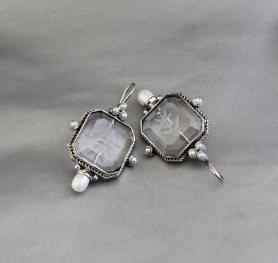 Clear Square Intaglio Earrings, Vintage Bridal Style, Gold Plated, photo 8