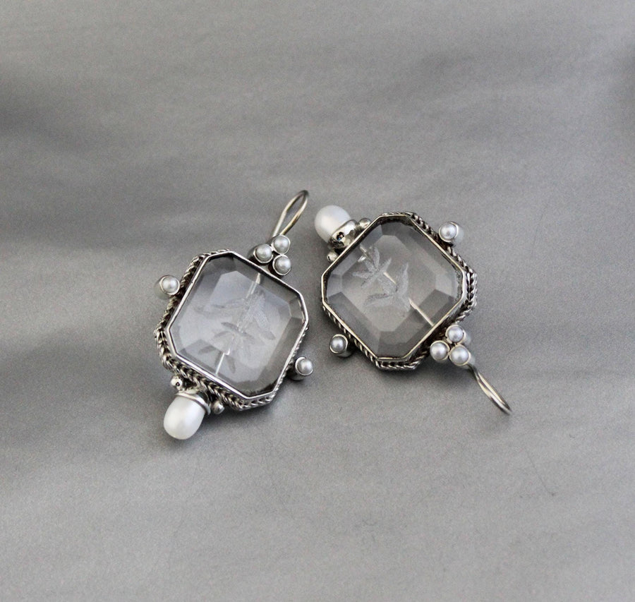 Clear Square Intaglio Earrings, Vintage Bridal Style, Gold Plated, photo 8