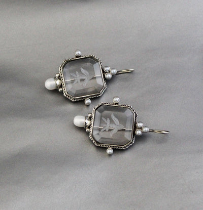 Clear Square Intaglio Earrings, Vintage Bridal Style, Gold Plated, photo 10