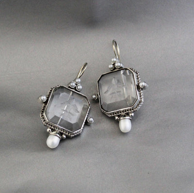 Clear Square Intaglio Earrings, Vintage Bridal Style, Gold Plated, photo 6