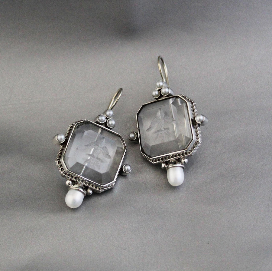 Clear Square Intaglio Earrings, Vintage Bridal Style, Gold Plated, photo 6