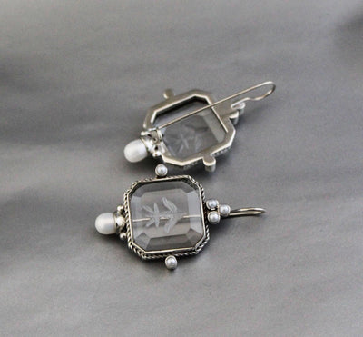 Clear Square Intaglio Earrings, Vintage Bridal Style, Gold Plated, photo 2