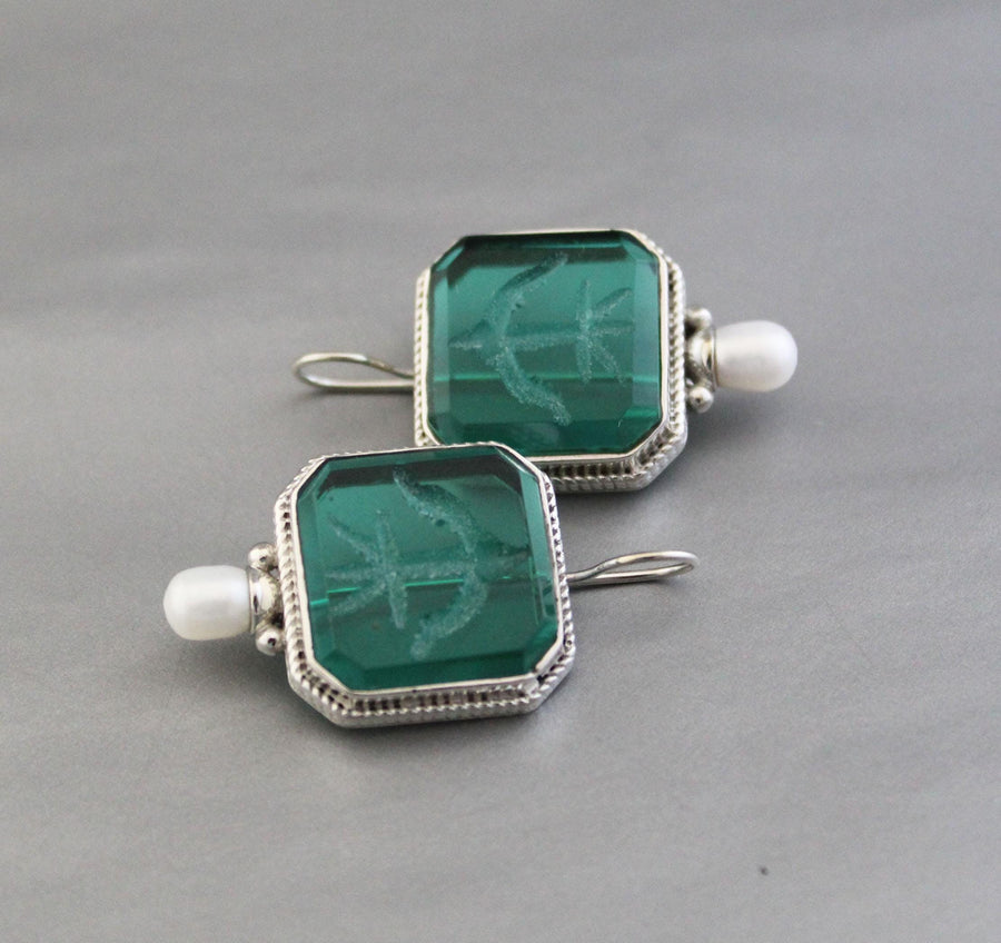 Green Carved Glass Intaglio Earrings, Victorian Roman Style, 925 Sterling Silver, photo 6