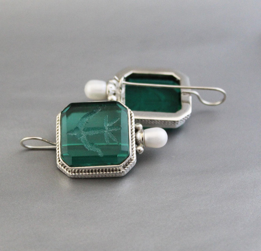Green Carved Glass Intaglio Earrings, Victorian Roman Style, 925 Sterling Silver, photo 2