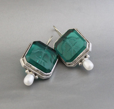 Green Carved Glass Intaglio Earrings, Victorian Roman Style, 925 Sterling Silver, photo 10