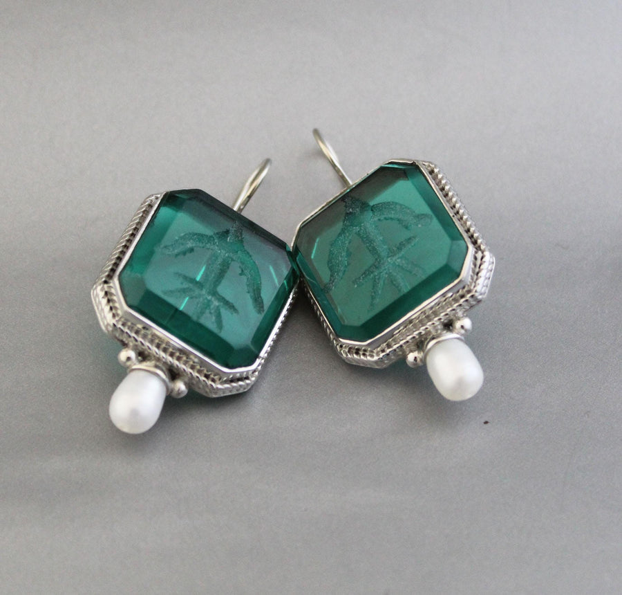 Green Carved Glass Intaglio Earrings, Victorian Roman Style, 925 Sterling Silver, photo 9