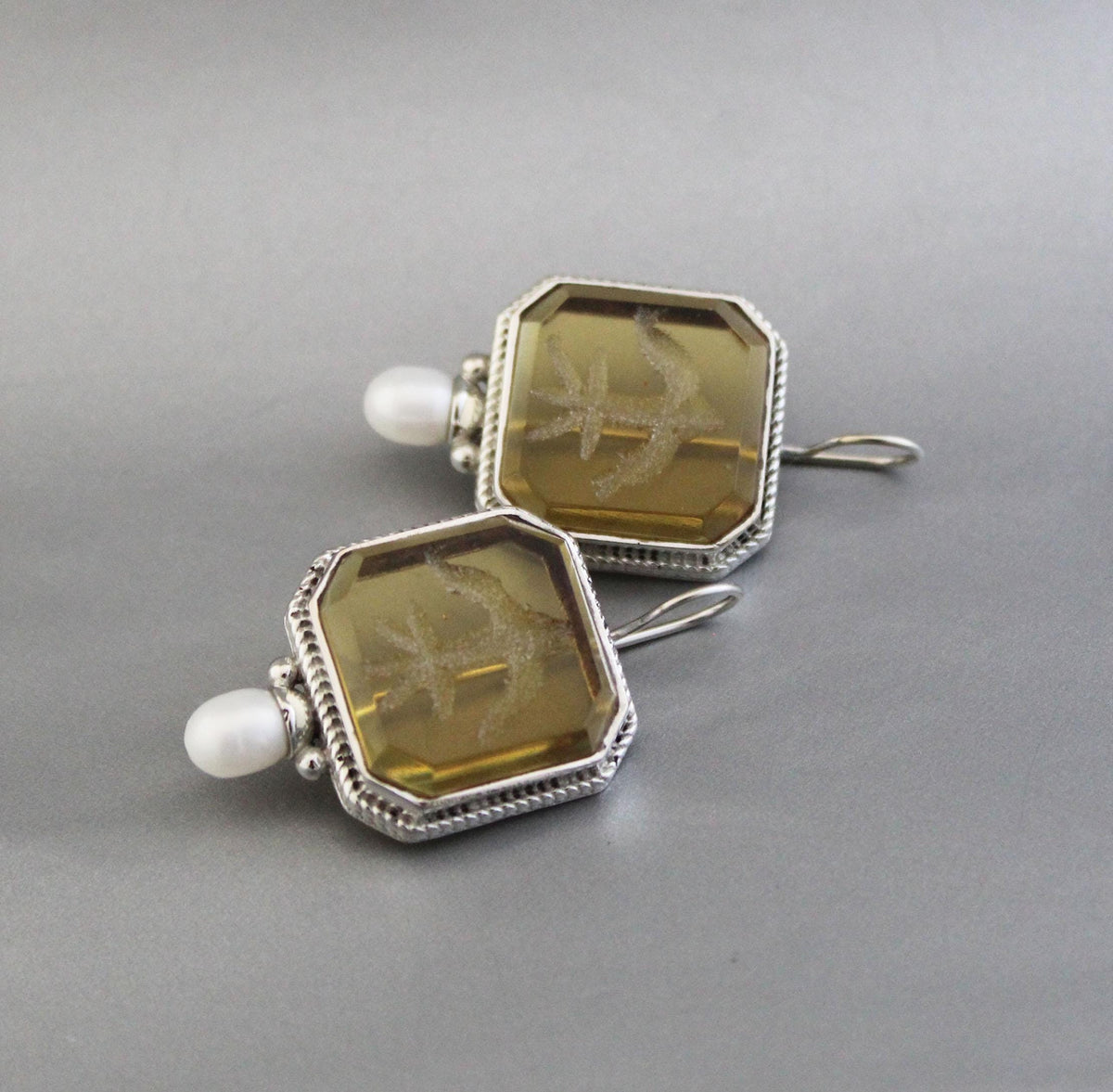 Yellow Glass Intaglio Earrings, Victorian Style, Brass, photo 4