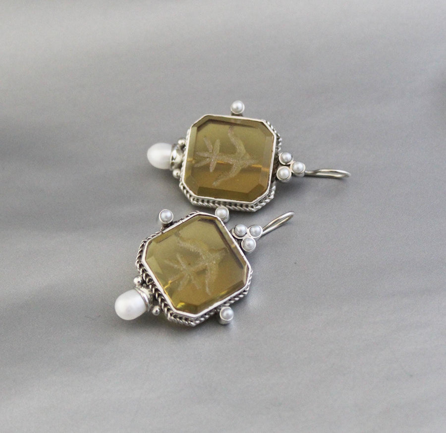 Yellow Glass Intaglio Earrings, Grand Tour Art Deco Style, photo 4