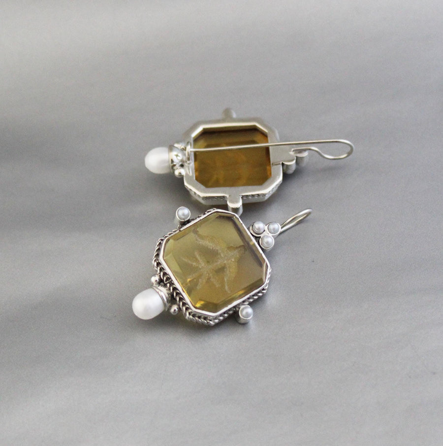 Yellow Glass Intaglio Earrings, Grand Tour Art Deco Style, photo 2