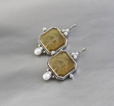 Yellow Glass Intaglio Earrings, Grand Tour Art Deco Style, photo 5