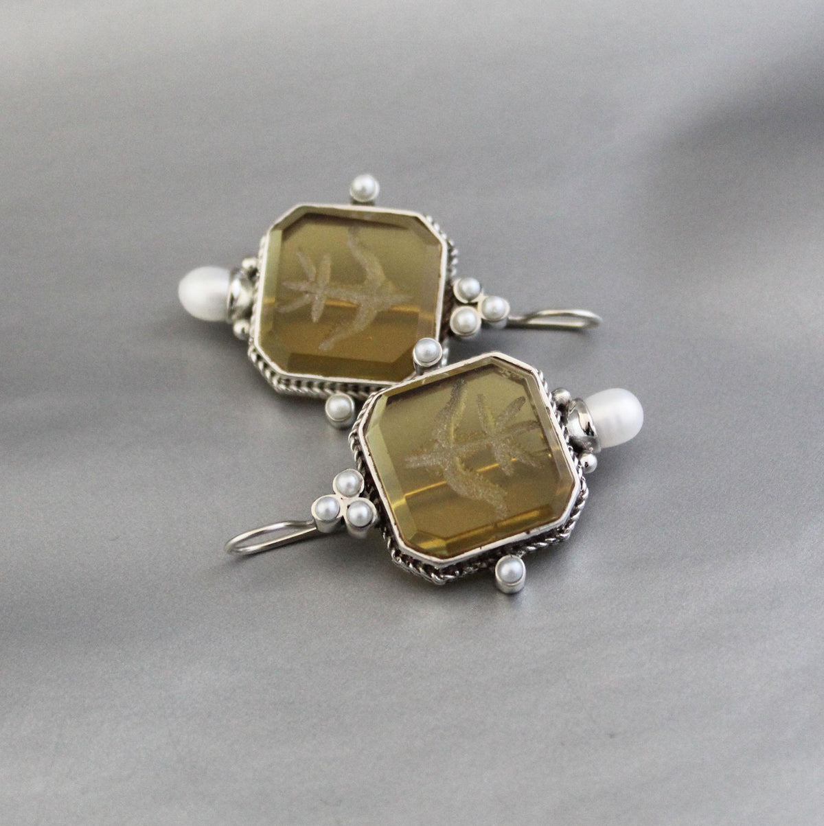 Yellow Glass Intaglio Earrings, Grand Tour Art Deco Style, photo 6
