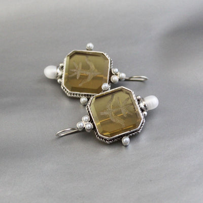 Yellow Glass Intaglio Earrings, Grand Tour Art Deco Style, photo 6