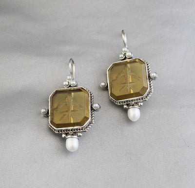 Yellow Glass Intaglio Earrings, Grand Tour Art Deco Style, photo 9
