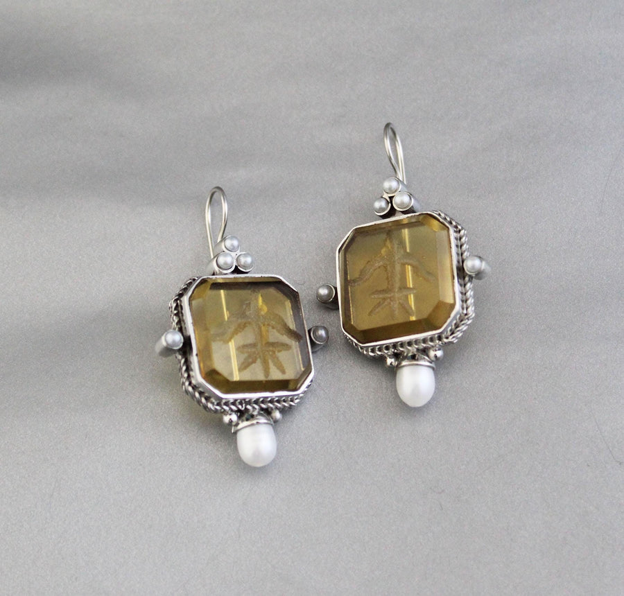 Yellow Glass Intaglio Earrings, Grand Tour Art Deco Style, photo 8