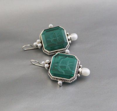 Green Intaglio Earrings, Vintage Style, 925 Sterling Silver, photo 5