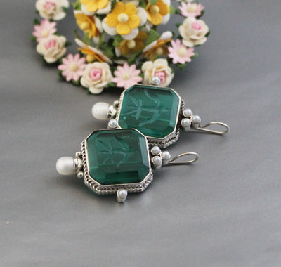 Green Intaglio Earrings, Vintage Style, 925 Sterling Silver