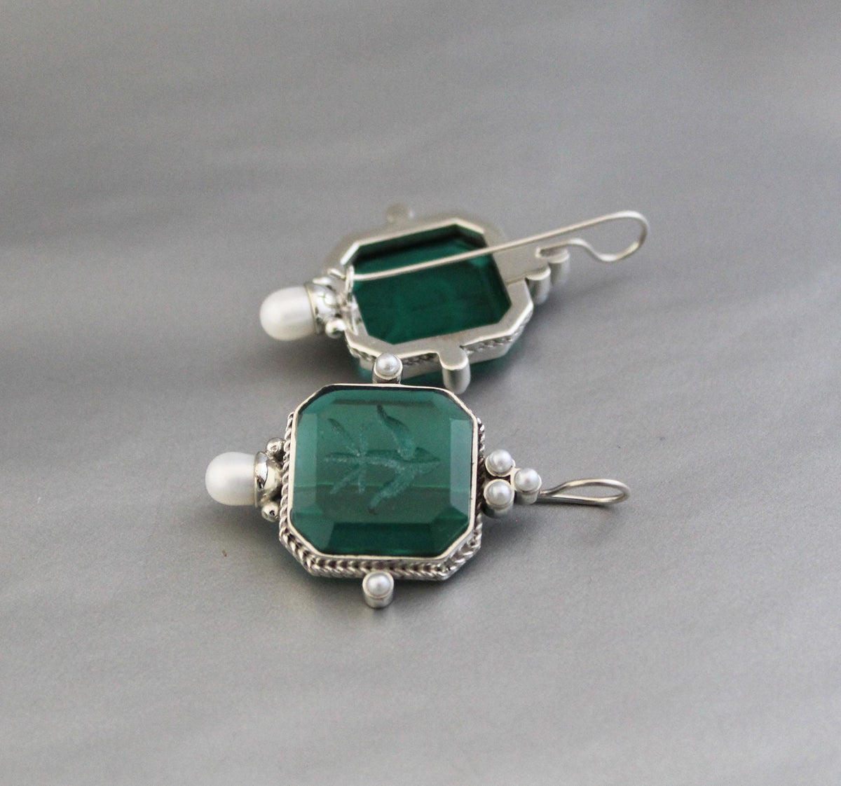 Green Intaglio Earrings, Vintage Style, 925 Sterling Silver, photo 2